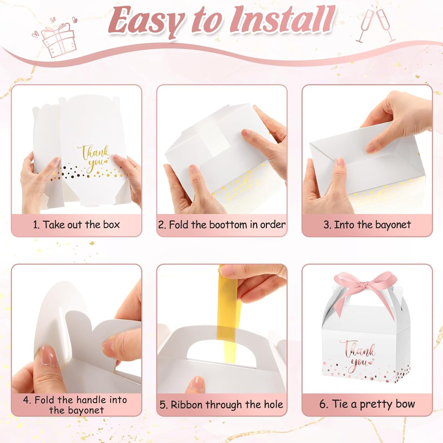 50-Pieces Rose Gold Thank You Gift Boxes with Ribbon Handles
