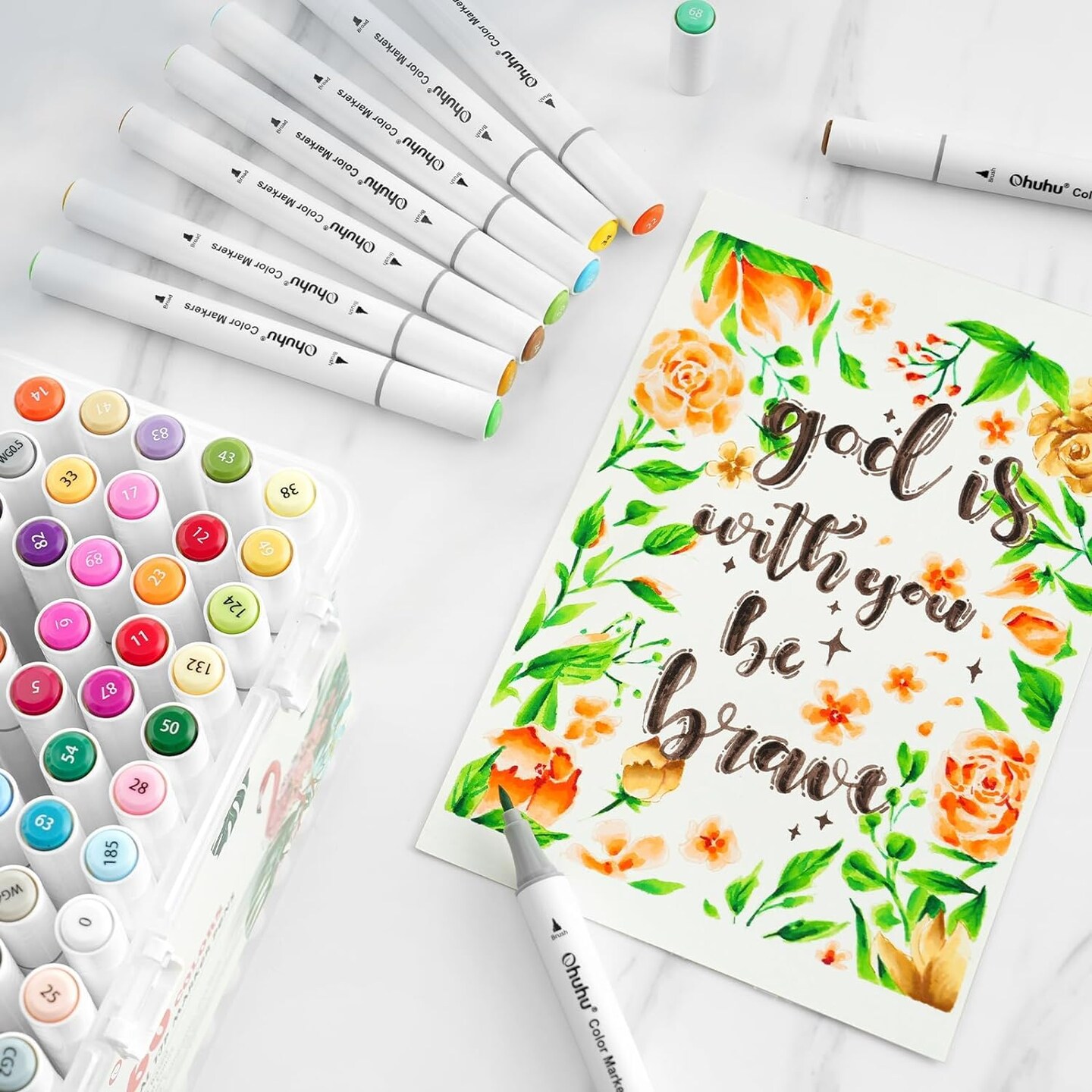 Ohuhu Water Based Markers for Adult Coloring Books No Bleeding Water-based Coloring Markers Dual Tips Chisel &#x26; Brush Drawing Pens Art Markers for Kids Adults Beginners Lettering Journaling (60 Colors)