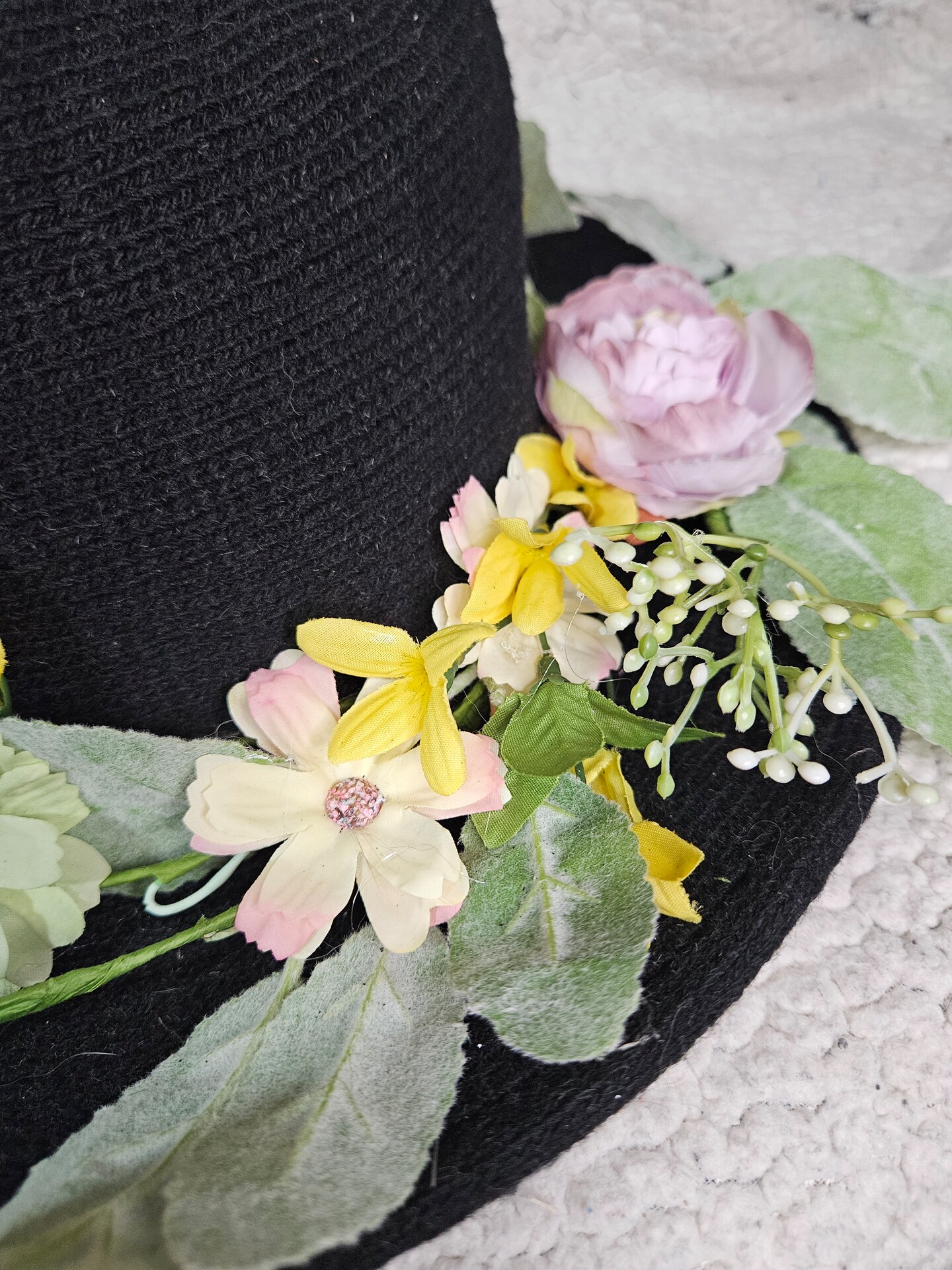One-of-a-Kind Handmade Teal & Black Witch\'s Hat w/Decorative Flower & Black Bow Halloween Black Witch Hat With Black Flower Wreath & Pearly  main image 3