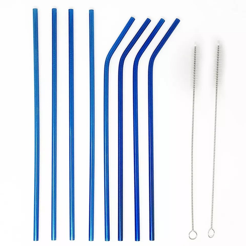 8-Piece 10.5" Stainless Steel Cocktail Straw Set with 2 Cleaning Brushes