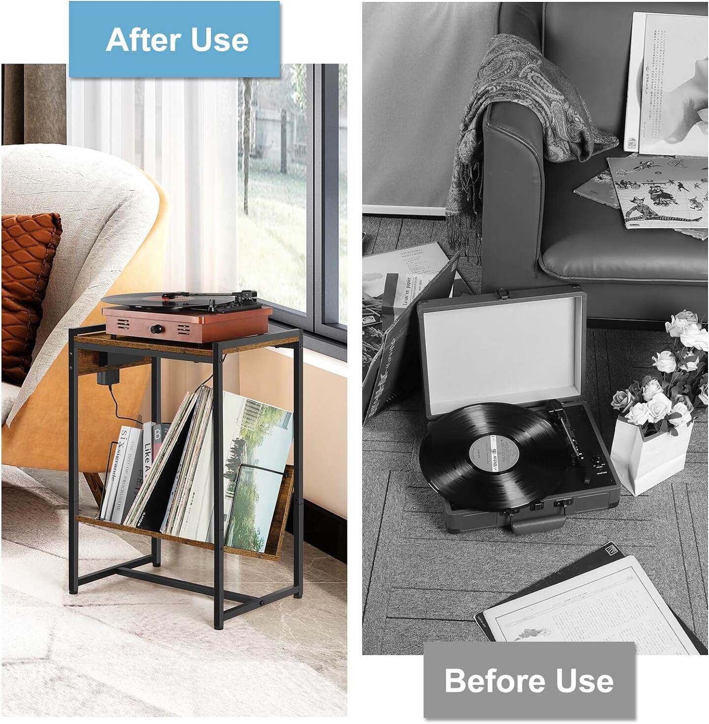 Record Player Holder Stand End Table with Vinyl Storage