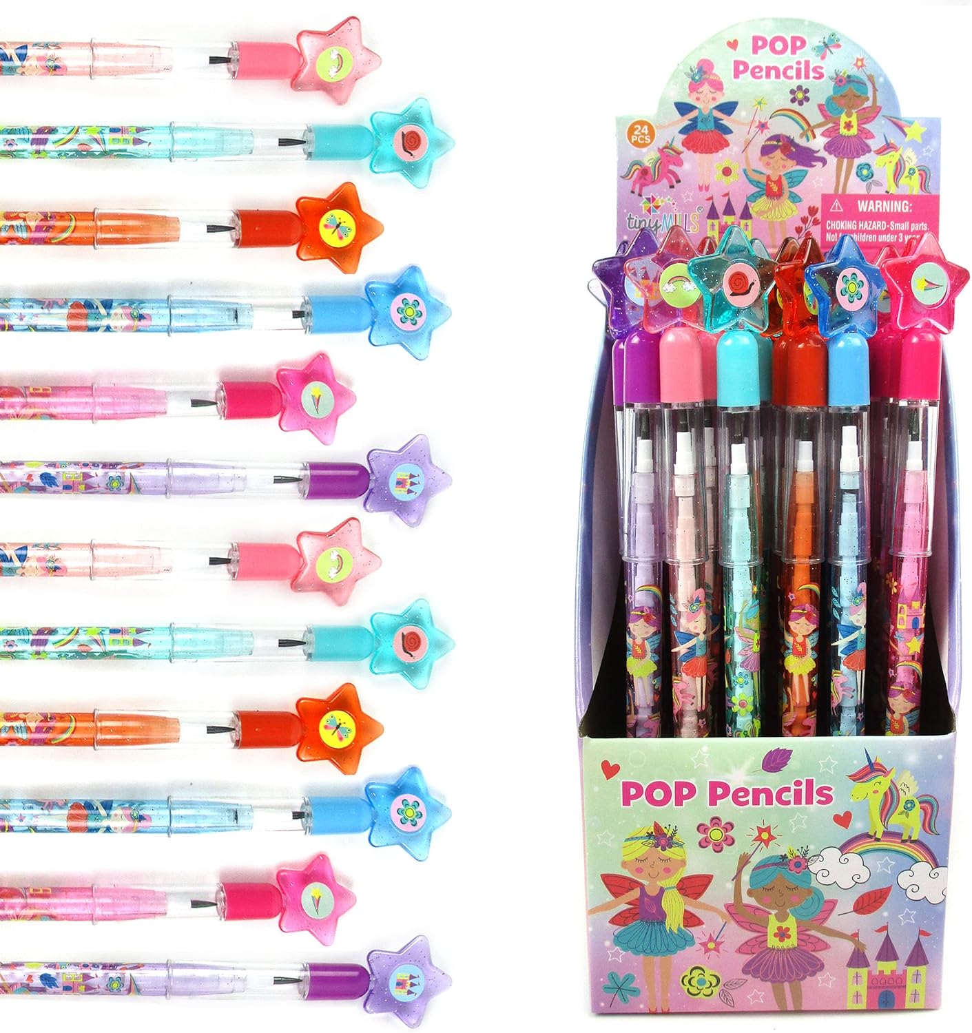 TINYMILLS 24 Pcs Magical Fairy Princess Stackable Push Pencil Assortment with Eraser