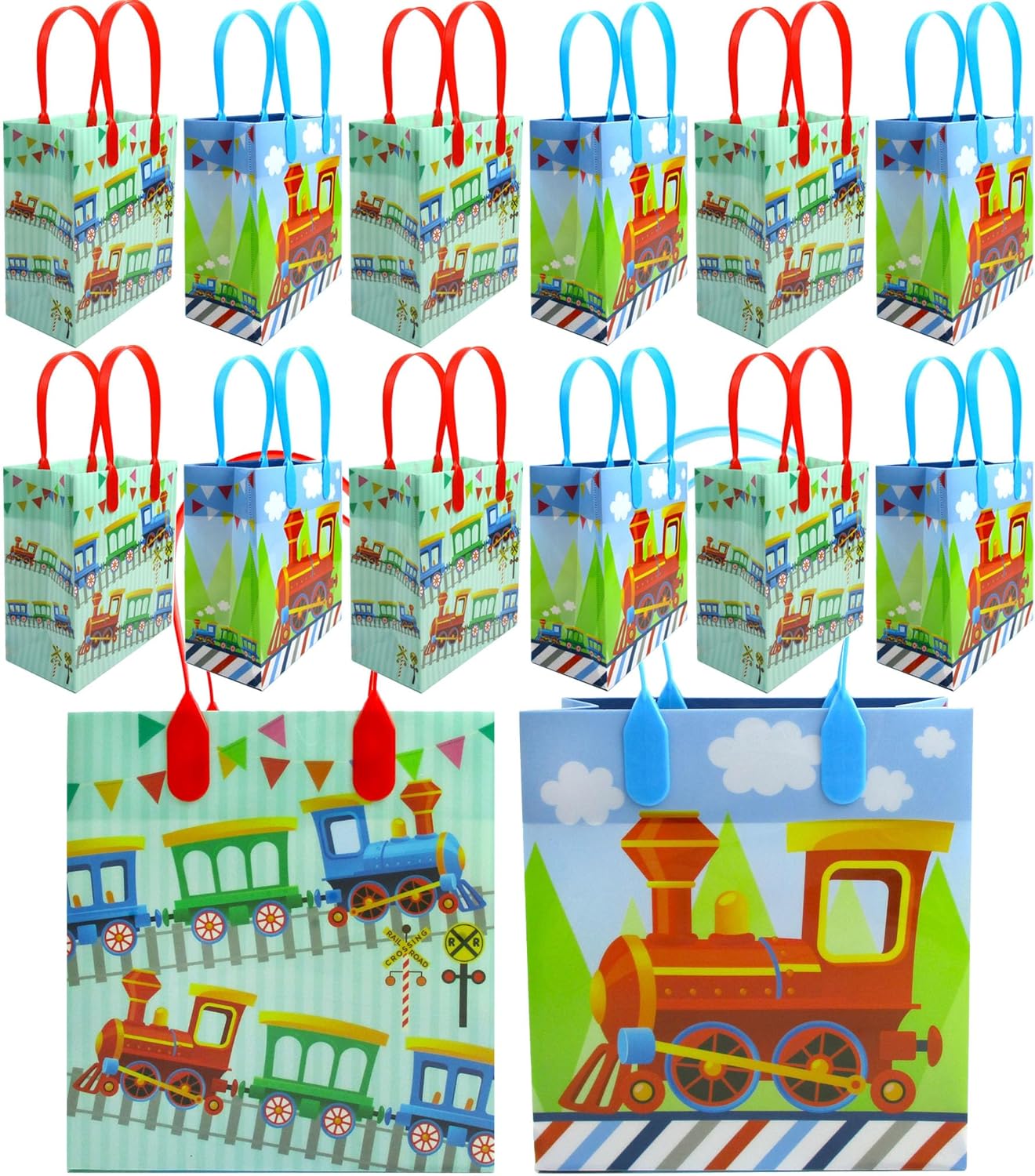 TINYMILLS Train Party Favor Bags Treat Bags Kids Birthday Party Goody Bags with Handles for Boys Girls, 12 Pack