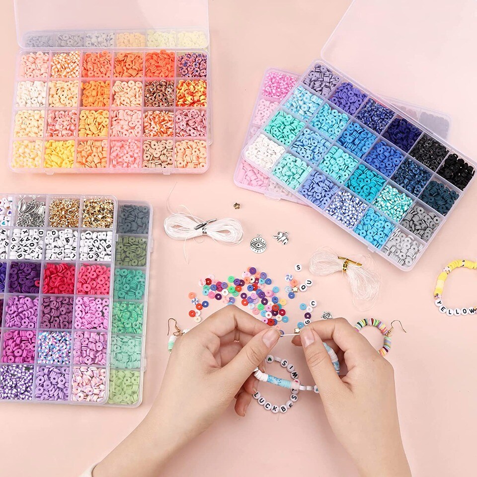 QUEFE 14000Pcs 136 Colors Clay Beads for Bracelet Making Kit Flat round Polymer