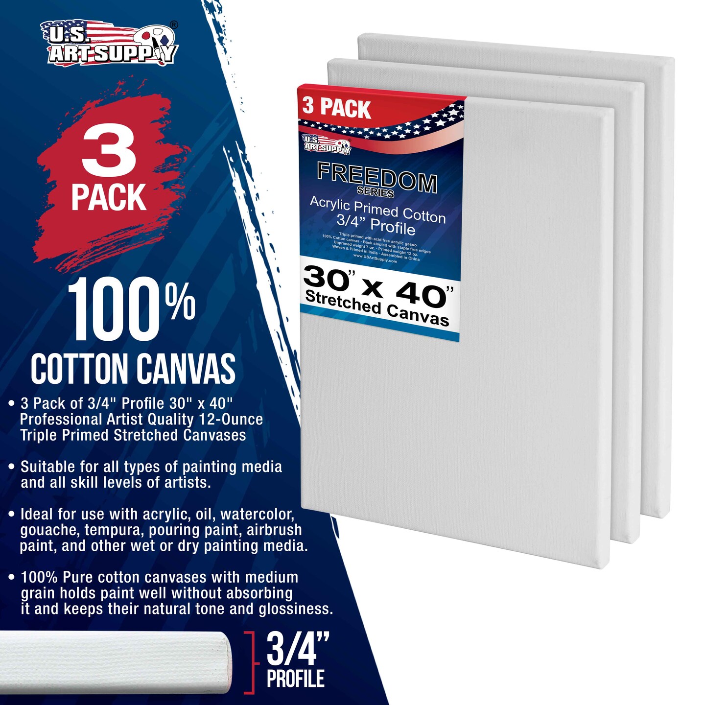 30 x 40 inch Stretched Canvas 12 Ounce Triple Primed 3 Pack