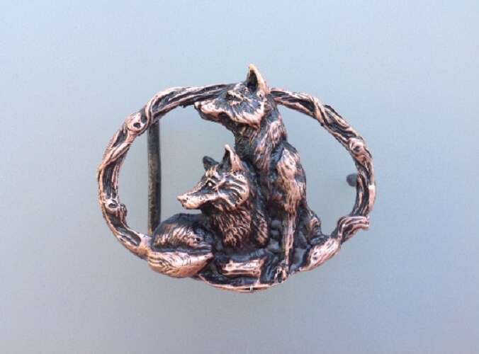 Copper plated Foxes belt buckle Pewter Super detail design by Beverly