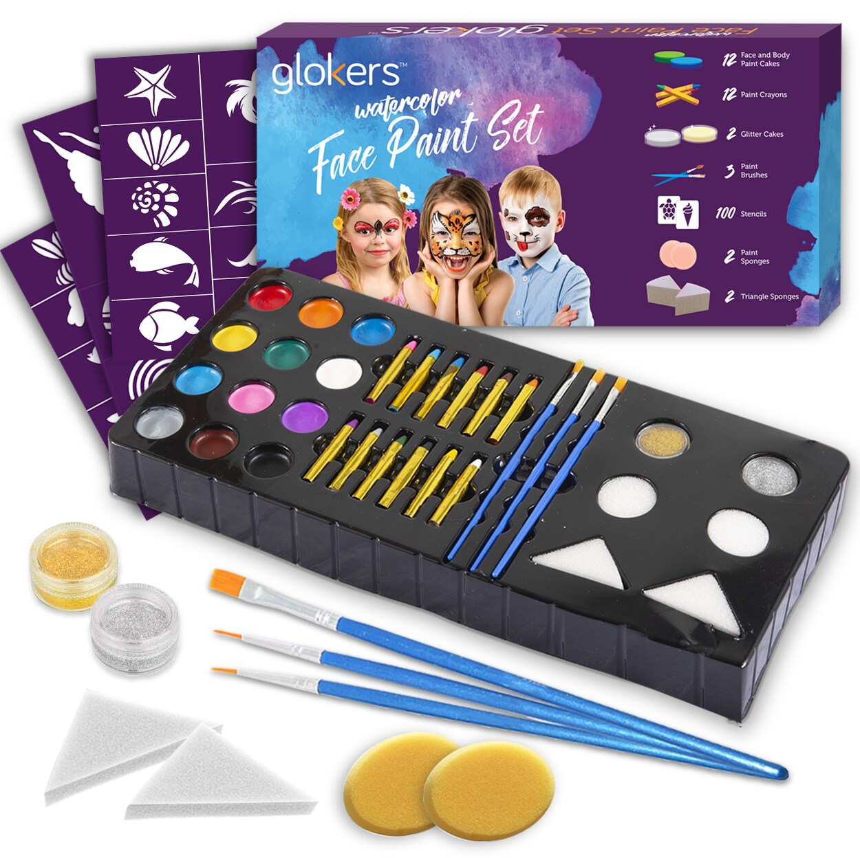 Glokers Face and Body Crayons Set - 12 Colors Washable, Non-Toxic