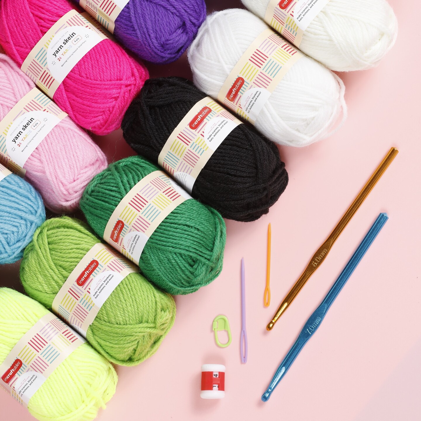 Incraftables Assorted Acrylic Yarn Skeins Set. Crochet Yarn Set w/ 18pcs  Skein Bundle (22 Yards), Crochet Hooks, Needles, Stitch Markers & Bag. Yarn