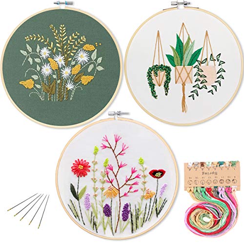 3 Pack Embroidery Starter Kit with Pattern, Kissbuty Full Range of Stamped Embroidery Kit Including Embroidery Fabric with Pattern, Bamboo Embroidery Hoops, Color Threads and Tools Kit (Floral Plants)