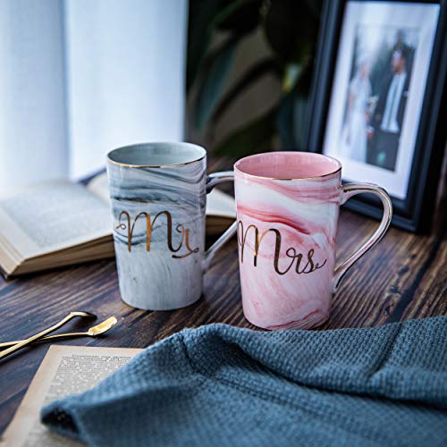 Mr and Mrs Coffee Mugs - Wedding Gifts for Bride and Groom - Gifts for Bridal Shower Engagement Wedding and Married Couples Anniversary - Ceramic Marble Cups 14 Oz Pink