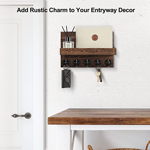 Key Holder for Wall, Decorative Key and Mail Holder with Shelf Has Large Key Hooks for Bags, Coats – Paulownia Wood Key Hanger with Mounting Hardware (9.8”W x 6.7”H x 4.2”D) (Brown)