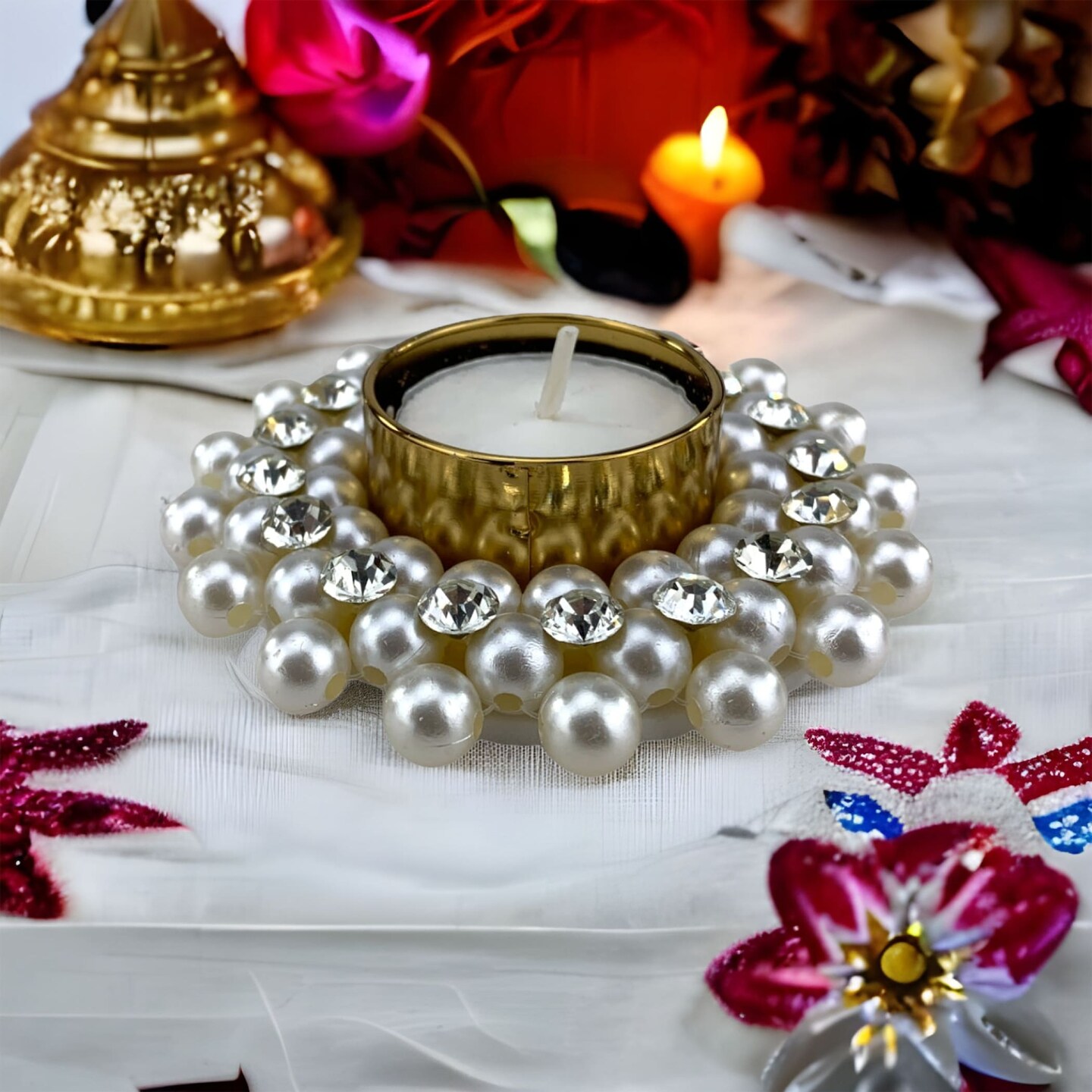 Pearl T-light Holder, Tealight Candle Holder Festival of Light Decorative for Diwali Christmas Thanksgiving Housewarming Gift Moti Candle Stand for Centerpiece Dining Table Home Decor