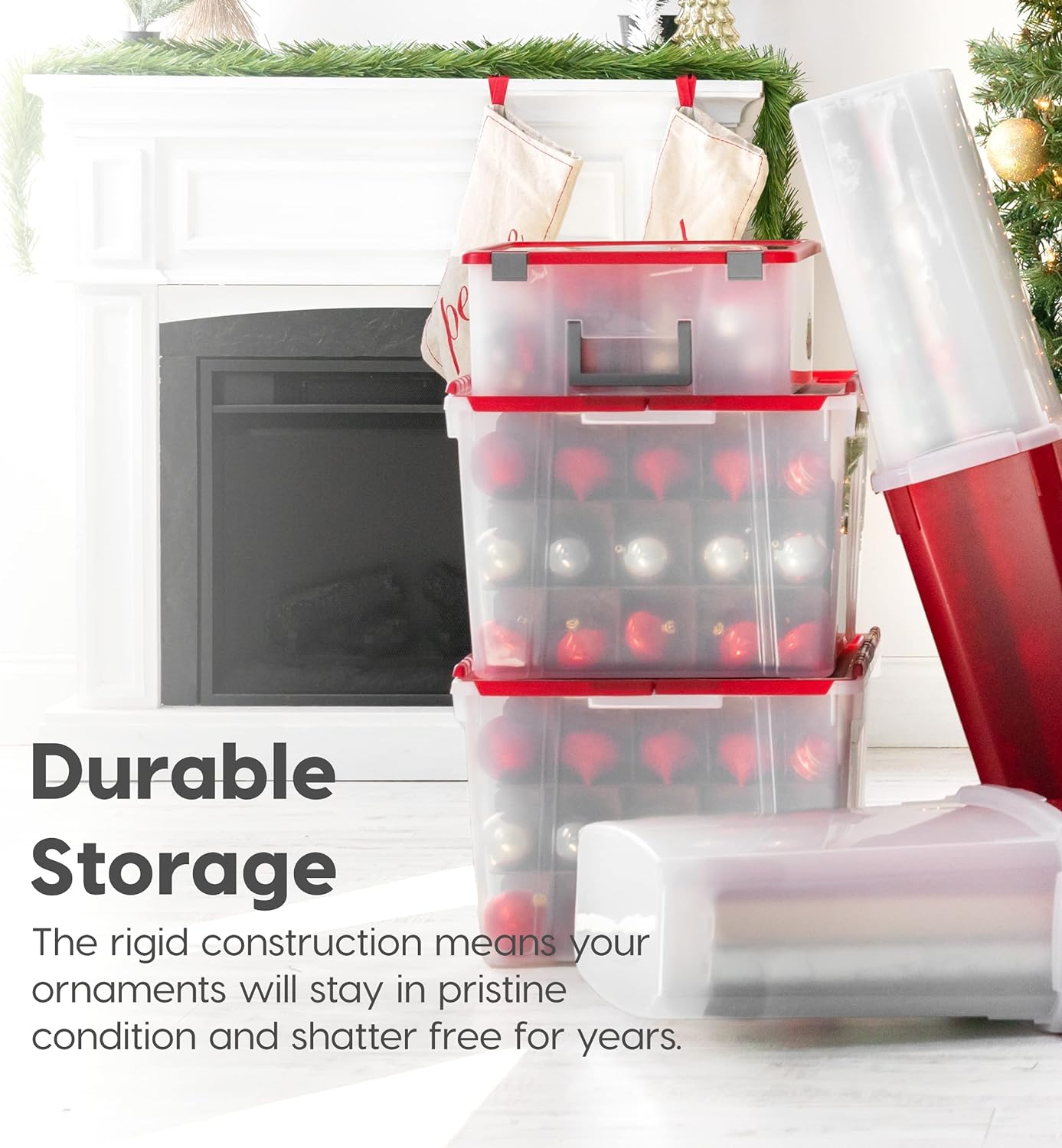 IRIS USA 2 Pack 60qt Plastic Clear Ornament Storage Box with Hinged Lid and Dividers, Clear/Red