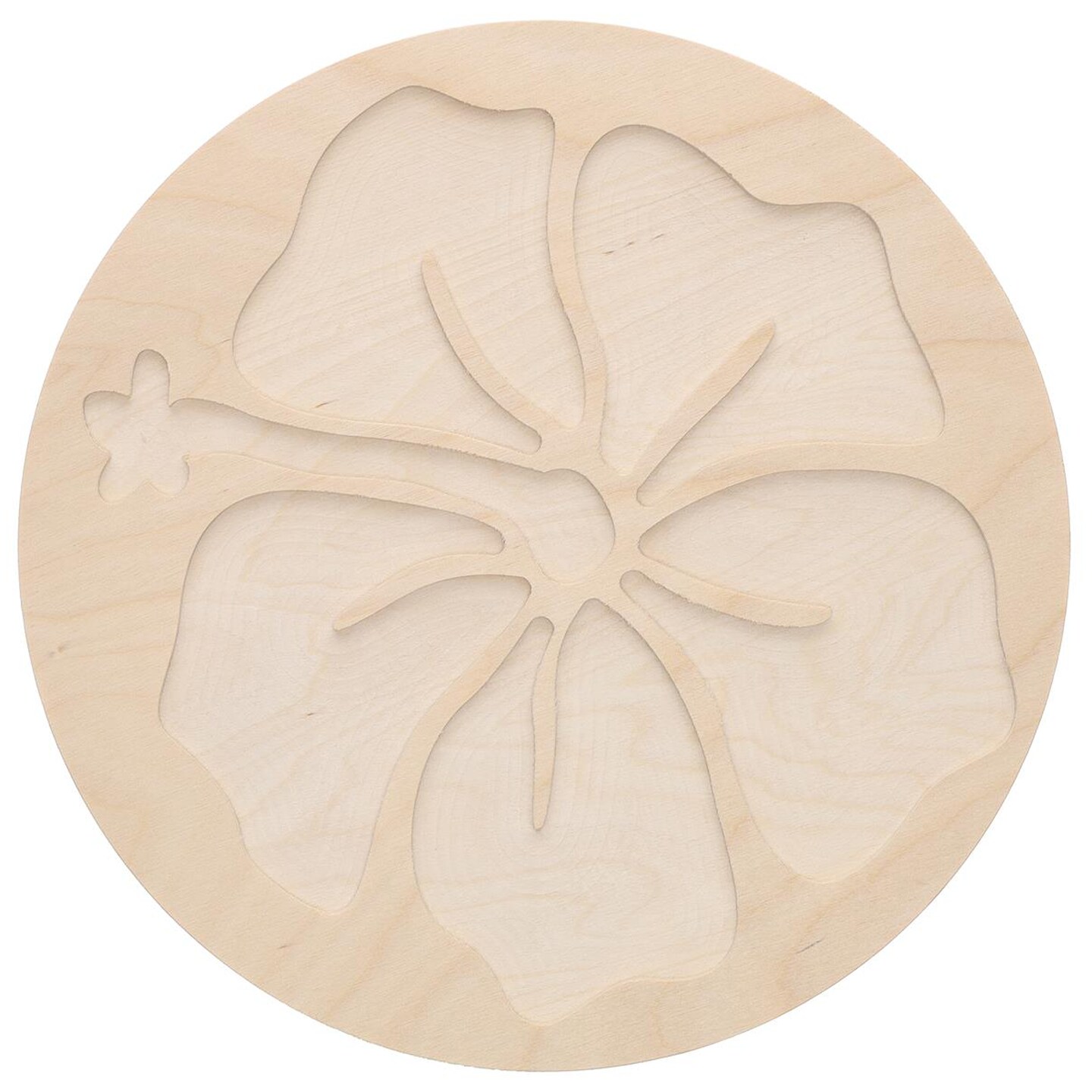 Welled Wood Surface, Circle with Hibiscus Shaped, 10&#x22; x 10&#x22;, for wooden trays, crafts and decorations, welled center for resin design or paint - for decoupage, engraving, wood burning