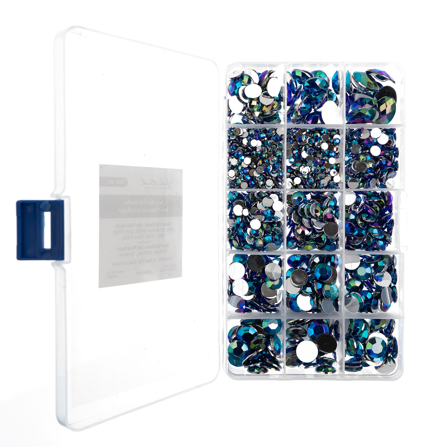 John Bead Blue AB Assorted Round & Oval Acrylic Flat Back Rhinestones Box
