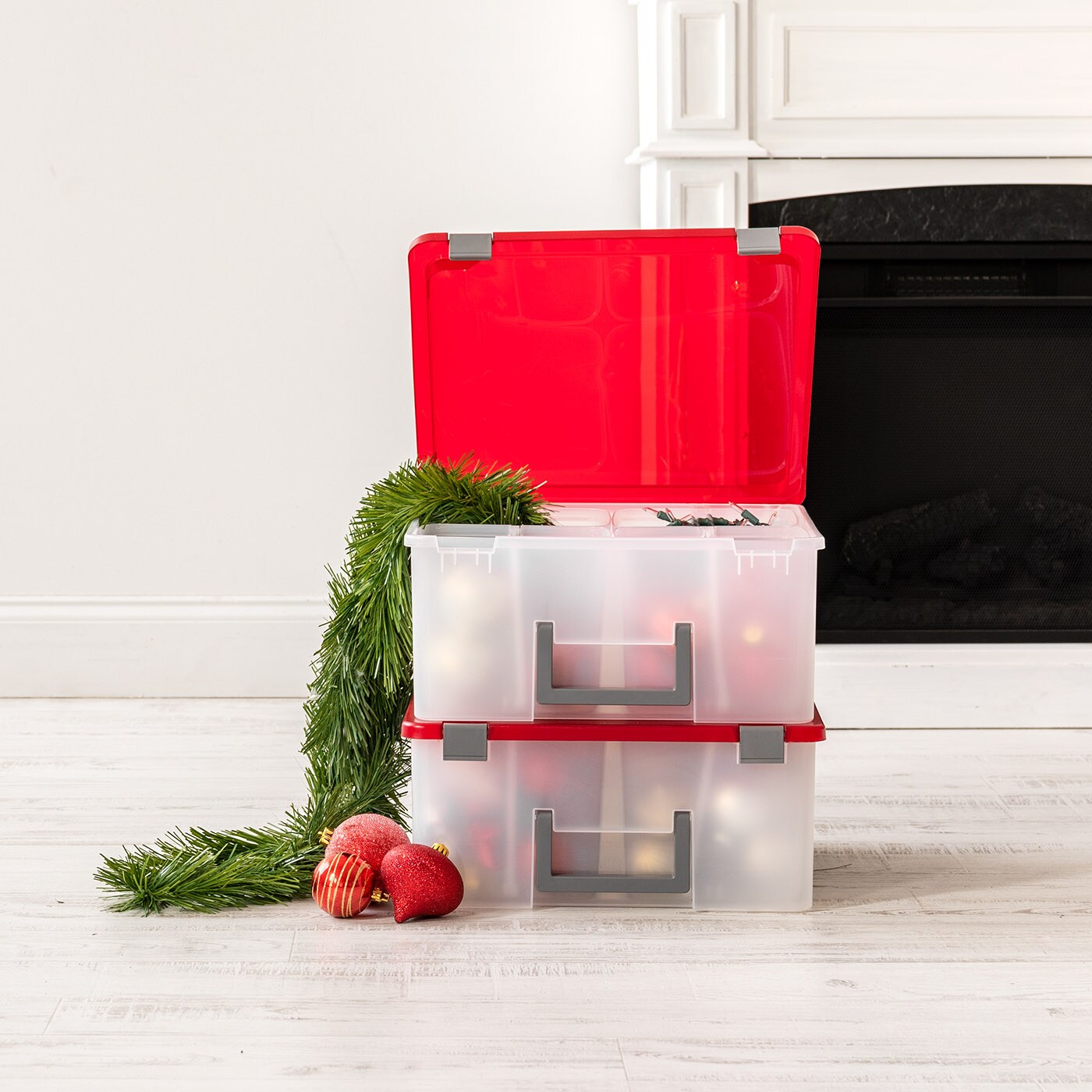 IRIS USA 26.7qt Ornament Holiday Storage Bin with 4-Compartment Container  and Handle, Clear/Red