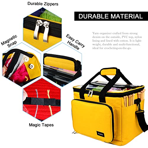 Hoshin Knitting Bag for Yarn Storage, High Capacity Yarn Totes Organizer with Inner Divider Portable for Carrying Project, Knitting Needles(up to 14”), Crochet Hooks, Skeins of Yarn (Yellow)