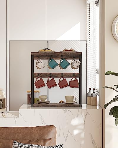 OROPY Wood Coffee Mugs Holder for Counter with 16 Hooks, 2 Tier Mugs Tree with Top Storage Shelf, Vintage Countertop Mug Rack Stand for Home Coffee Bar Storage and Display