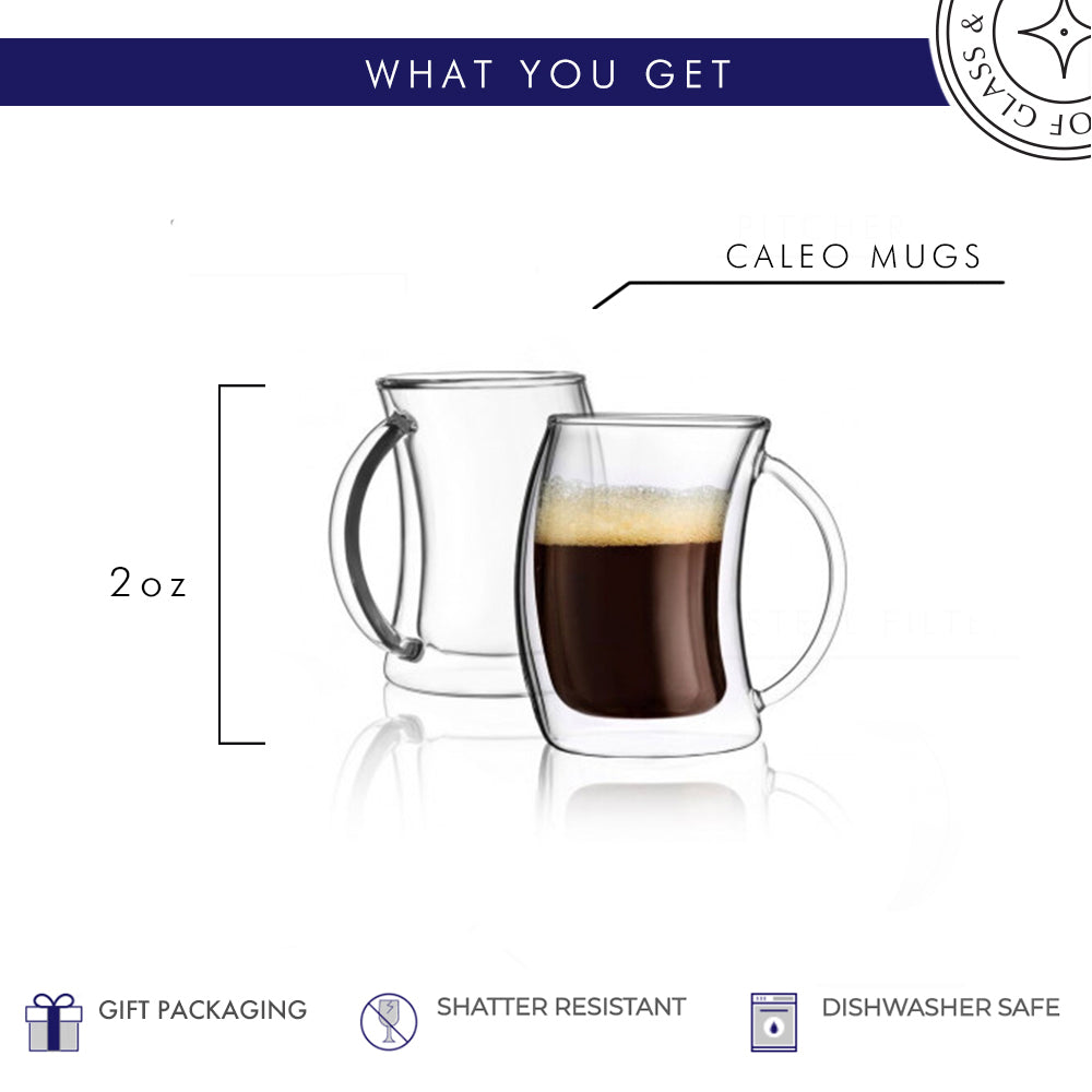 JoyJolt Caleo Double Wall Insulated Mugs, Set of 2 Espresso Cups