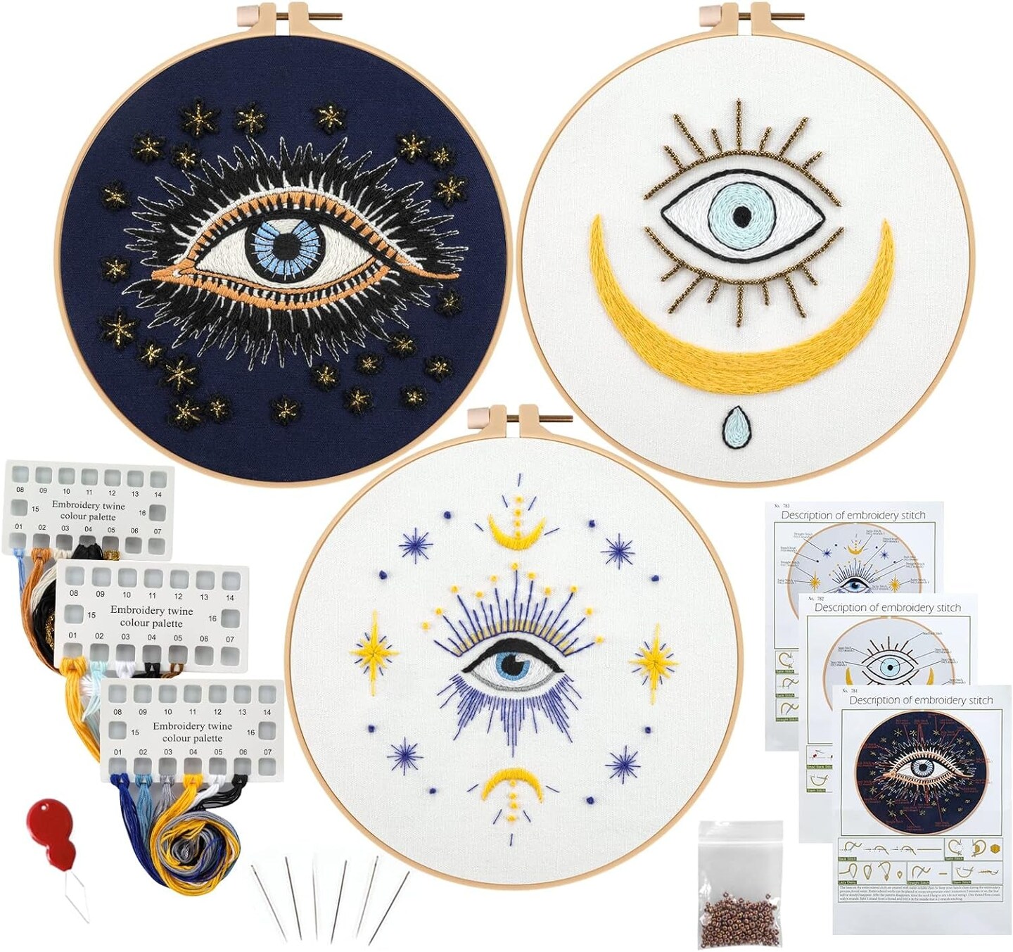 3 Sets Evil Eye Embroidery Starters Kit for Beginners, Stamped