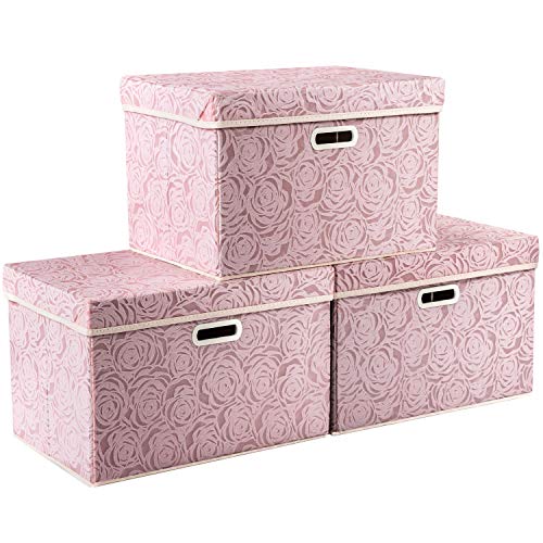 PRANDOM Larger Collapsible Storage Boxes with Lids Fabric Decorative Bins Cubes Organizer Containers Baskets Handles Divider for Bedroom Closet Living Room Pink 17.7x11.8x11.8 Inch 3 Pack
