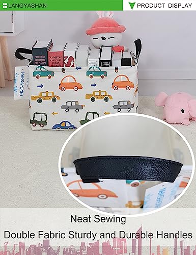 LANGYASHAN Rectangular Storage Bin Collapse Canvas Fabric Cartoon Storage Basket with Handles for Organizing Home Kitchen Boys and Girls Toys Office Closet Shelf Baskets(Rec Color Cars)