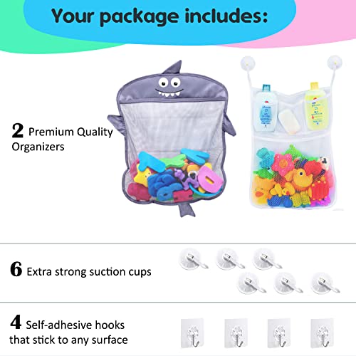 2 x Mesh Bath Toy Organizer + 6 Ultra Strong Hooks &#x2013; The Perfect Bathtub Toy Holder &#x26; Bathroom or Shower Caddy &#x2013; These Multi-use Net Bags Make Baby Bath Toy Storage Easy &#x2013; For Kids &#x26; Toddlers