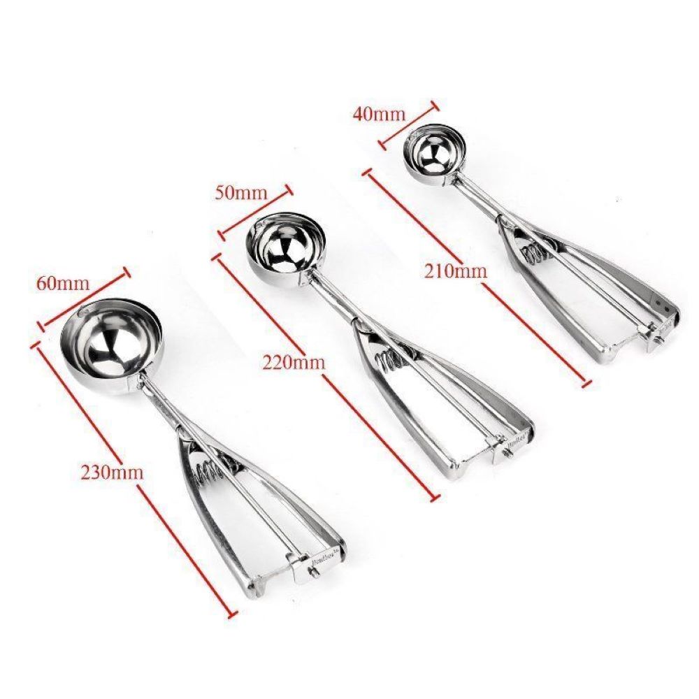 Stainless Steel Cookie Scoop with Trigger Set of 3 , Large, Medium, Small Size Balls Cookie Dough, Ice Cream or Melon Baller, Size: 4 cm, Silver