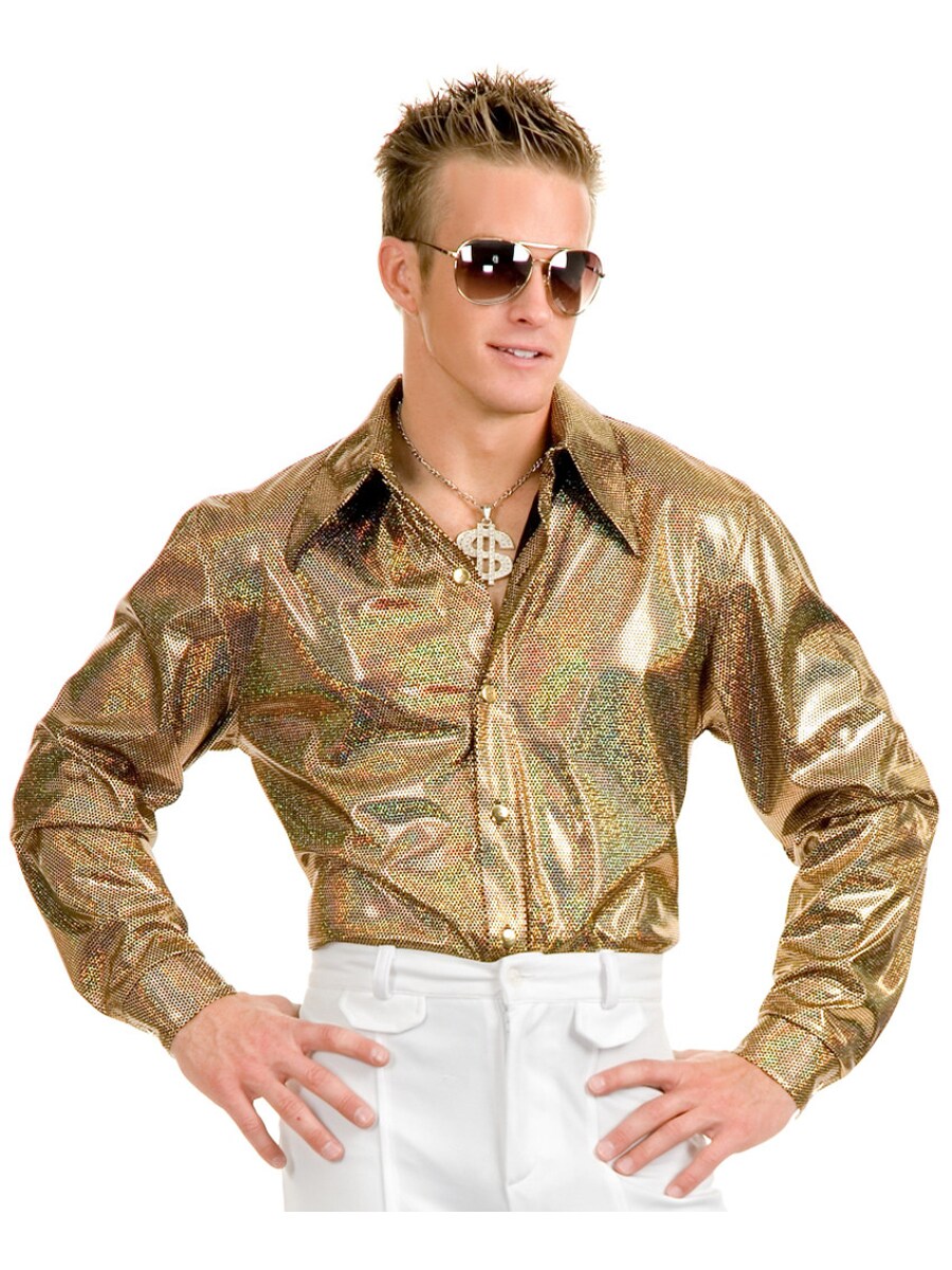 Men&#x27;s 70s Metallic Gold Nailhead Disco Shirt