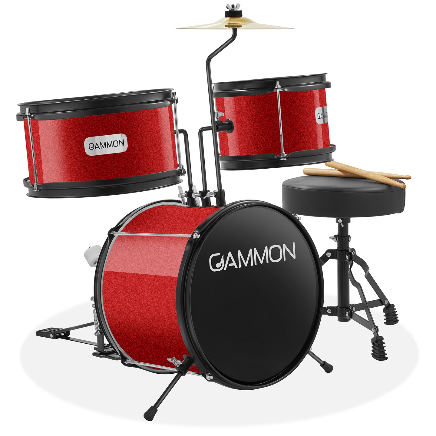 Gammon 3-Piece Junior Drum Set with Throne, Complete Beginner Kit with Bass Drum, Toms, Cymbal, Pedal, and Drumsticks