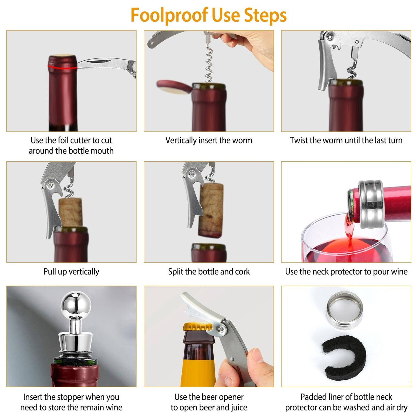 3Pcs Corkscrew Bottle Opener Set Tool - Foil Cutter Drip Collar Protector Cork Stopper Wine Bottle Cap Opener
