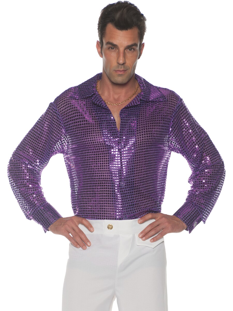 Men&#x27;s 70s Purple Sequin Disco Costume Shirt