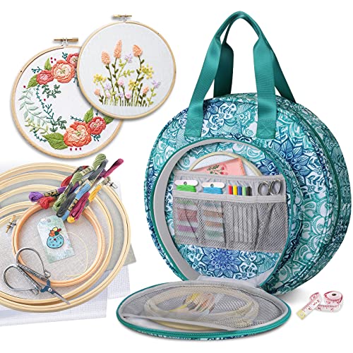 FINPAC Embroidery Project Bag, Embroidery Supplies Storage Carrying Tote Case with Multiple Pockets for Embroidery Floss, Embroidery Hoops, Thread, Stitch Tools Kit [Bag Only] - Emerald Illusions