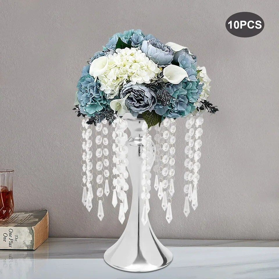 10pcs Silver Metal Flower Vases Crystal Flower Stand Wedding Centerpieces