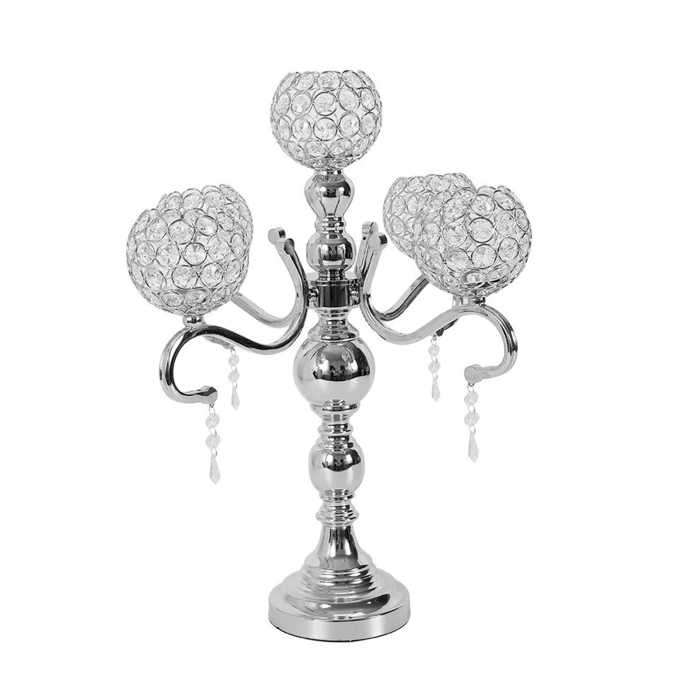 5-Arm Elegant Silver Crystal Candelabra Holders Wedding Table Centerpieces