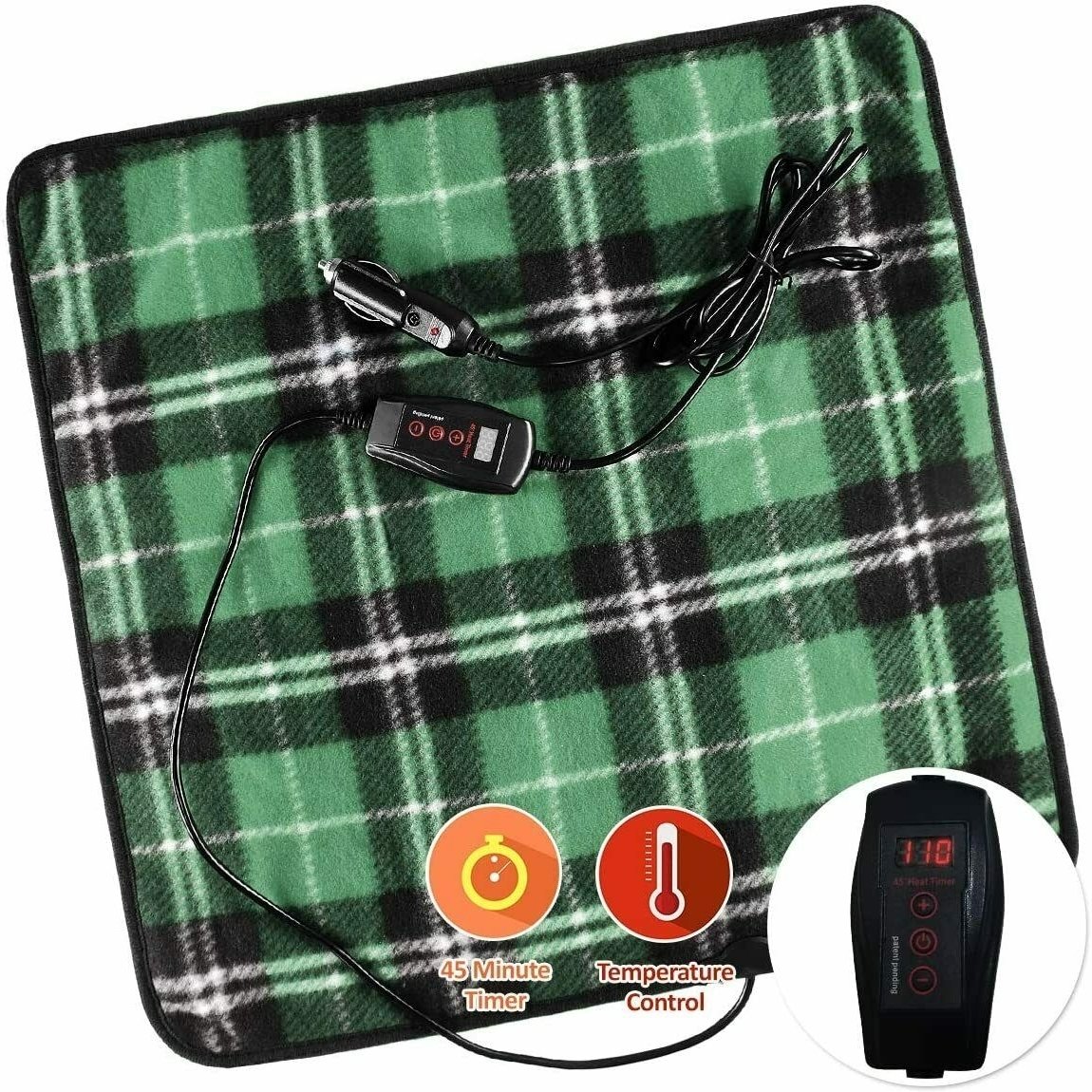 Zone Tech Car Electric Mini Heated Travel Blanket Pad Fleece Green Plaid 45 Min