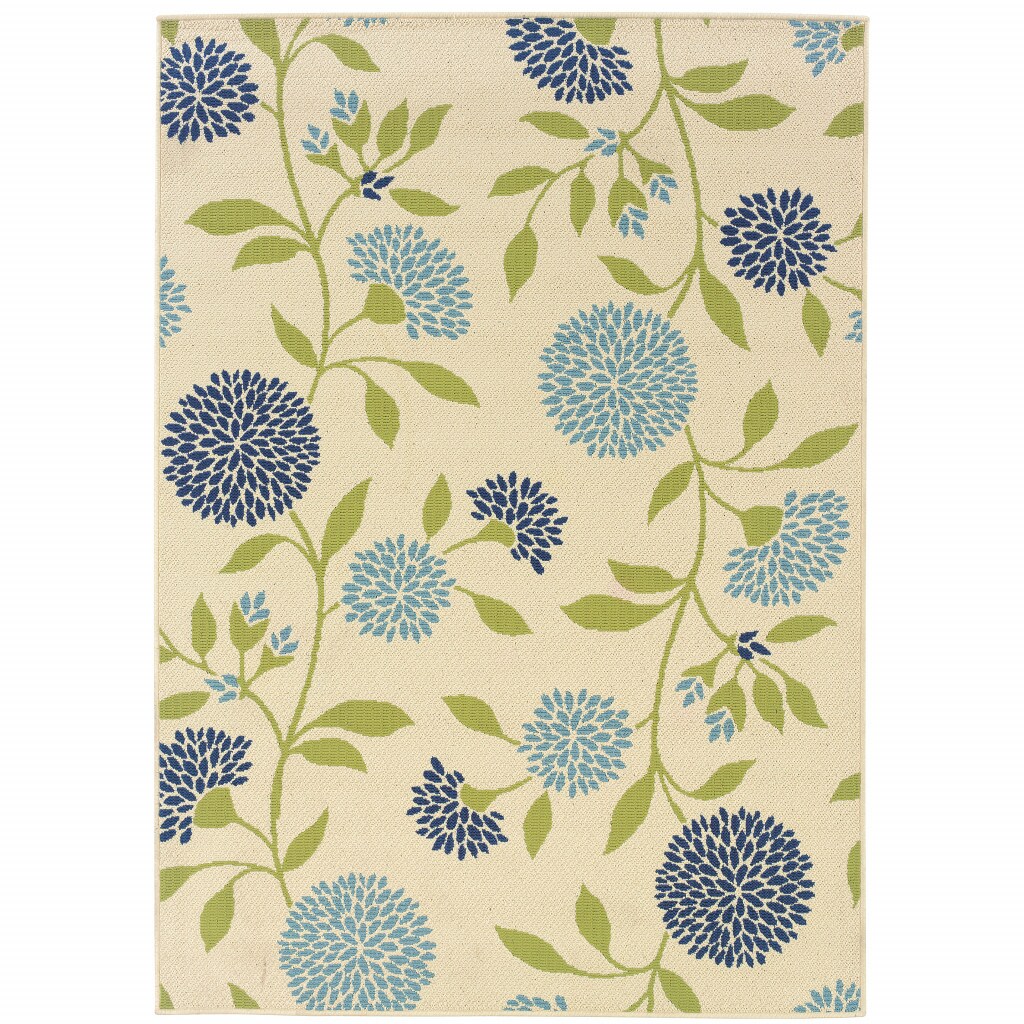 2' X 4' Green and Ivory Floral Indoor Outdoor Area Rug 2' X 4' Green and Ivory Floral Indoor Outdoor Area Rug