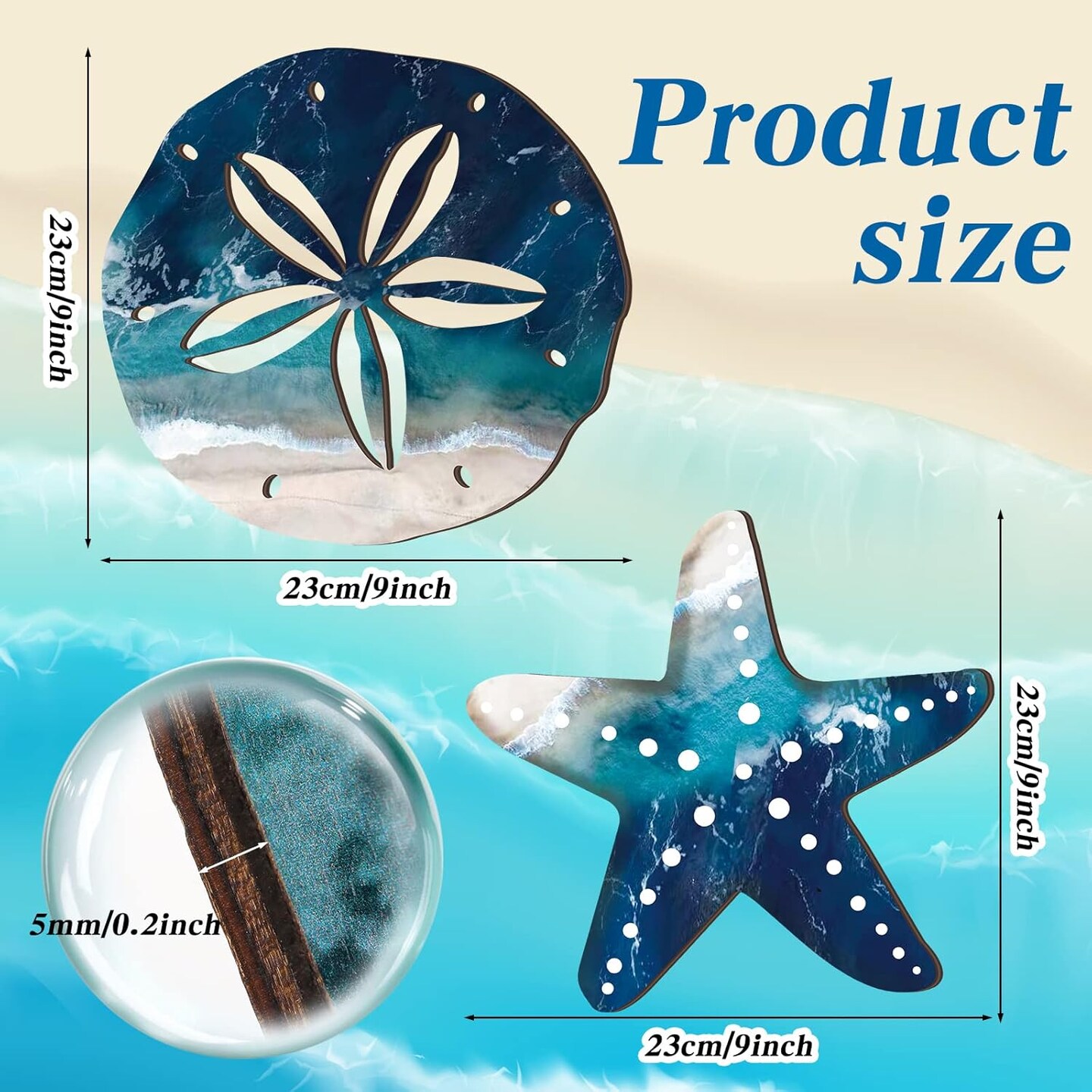 6 pcs&#xA0;of wood coastal wall art, seashell wall decor, wooden nautical bathroom decor, hanging sea farmhouse rustic wall decorations for indoor and outdoor use, blue (starfish).