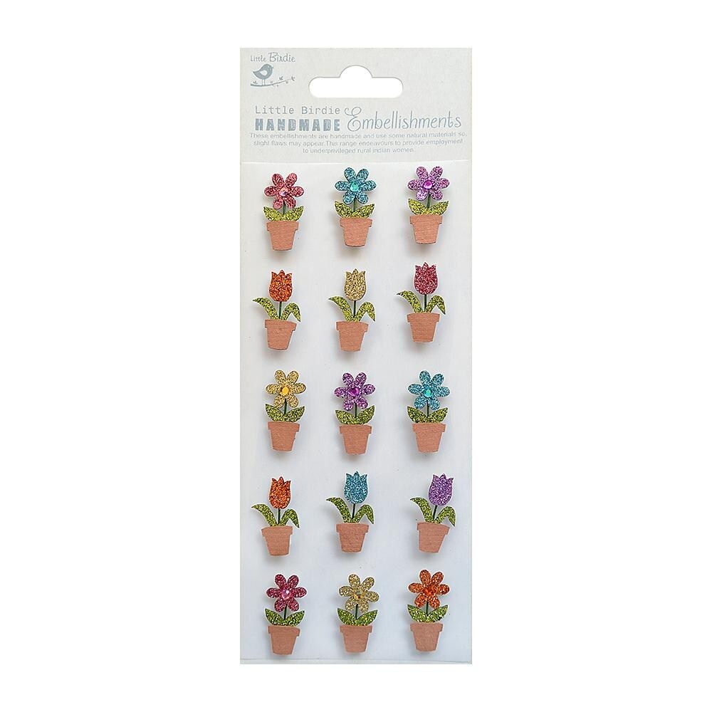 Little Birdie Mini Floral Glitter Embellishment 15/Pkg-Blossom