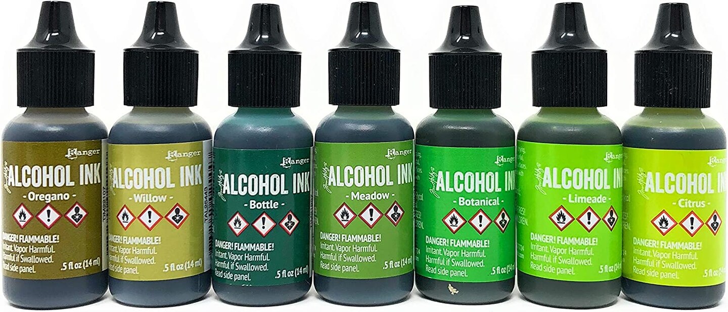 Green Alcohol Inks Set, Tim Holtz Alcohol Ink Greens 7-Pack, 10 Pixiss Blending Tools