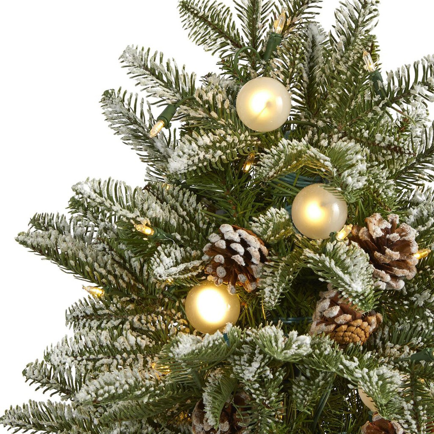 Nearly Natural 5&#x27; Flocked Whistler Mountain Fir Artificial Christmas Tree with 250 Warm White LED Lights with Instant Connect Technology, 28 Globe Bulbs, Pine Cones and 480 Bendable Branches