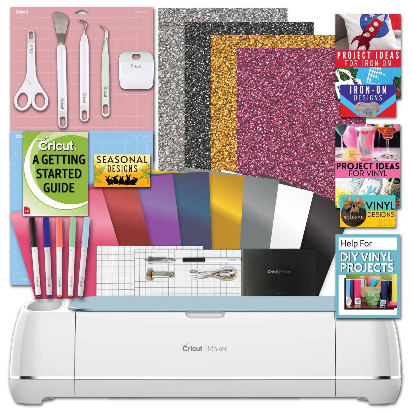 Cricut Maker Blue Machine Bundle with Iron-on, Vinyl, Tools, and
