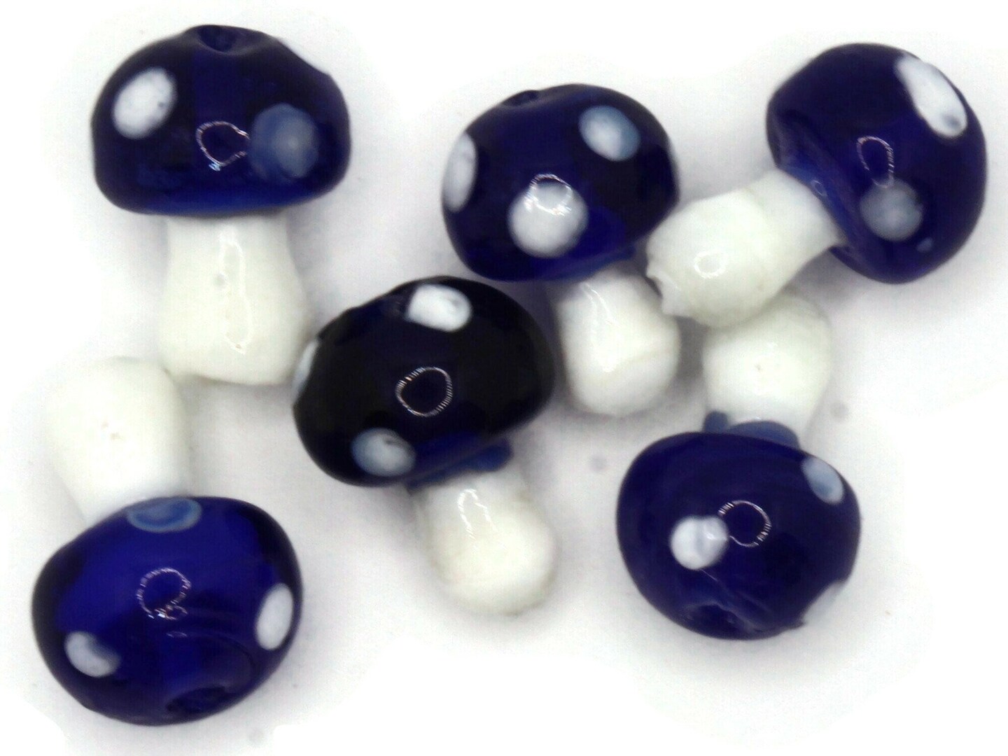 6 19mm Royal Blue and White Polka Dot Mushroom Lampwork Glass Beads