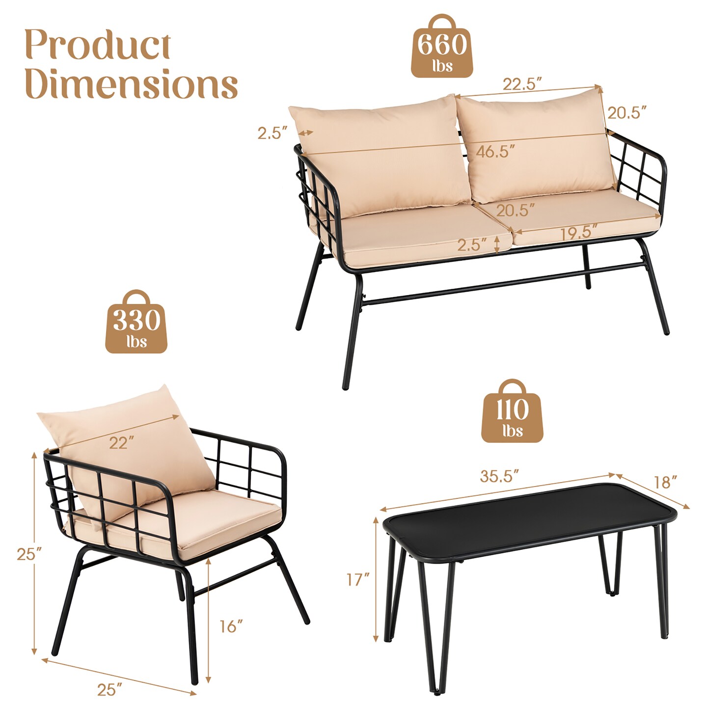 Costway 4PCS Patio Furniture Set Cushioned Sofa Loveseat Armrest Table Garden