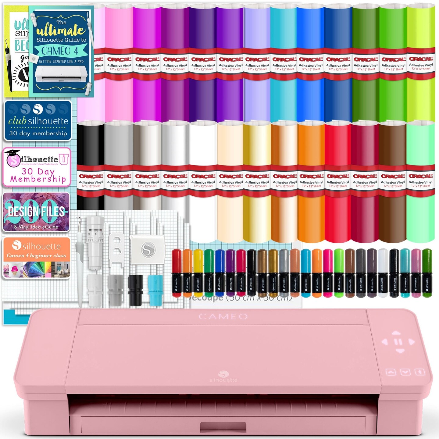 Silhouette Blush Pink Cameo 4 w/ 26 Oracal Glossy Sheets, Guides, 24 Sketch Pens, and More