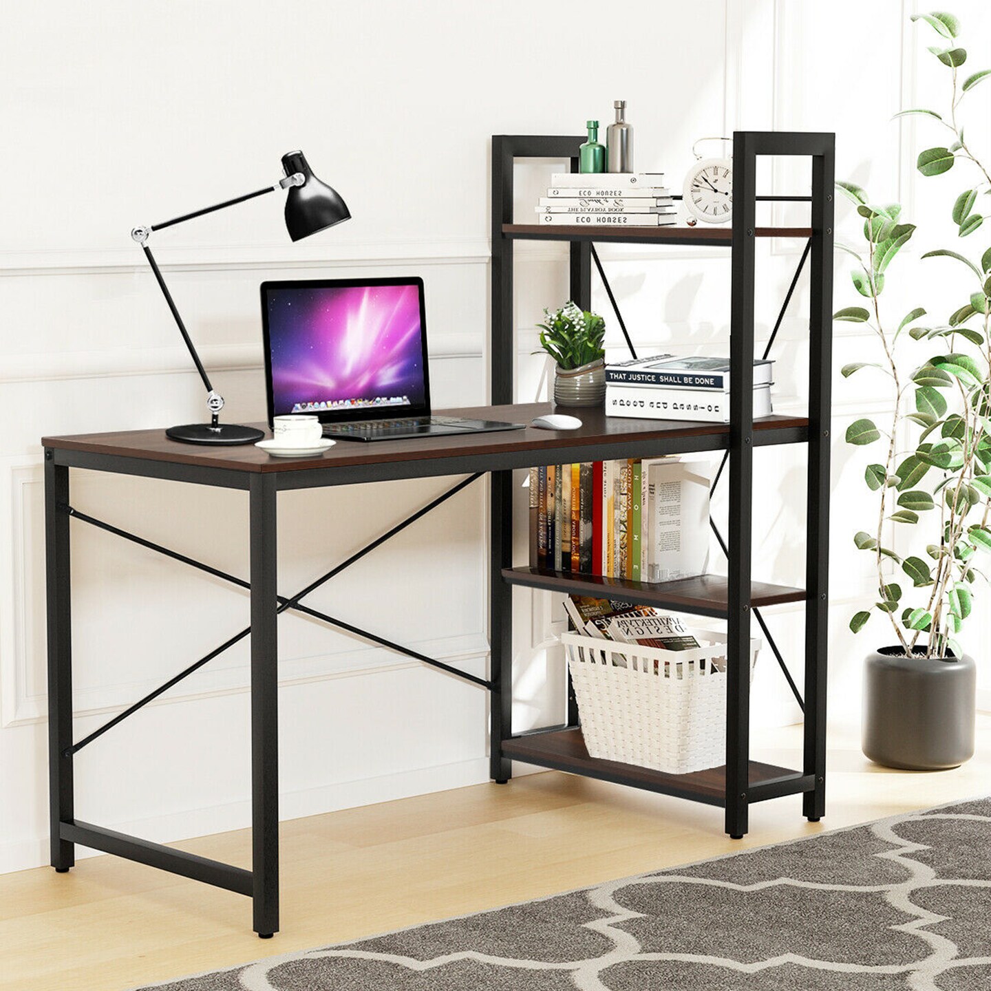 Costway 47.5'' Compact Computer Desk With 4-Tier Storage Bookshelves for Home Office