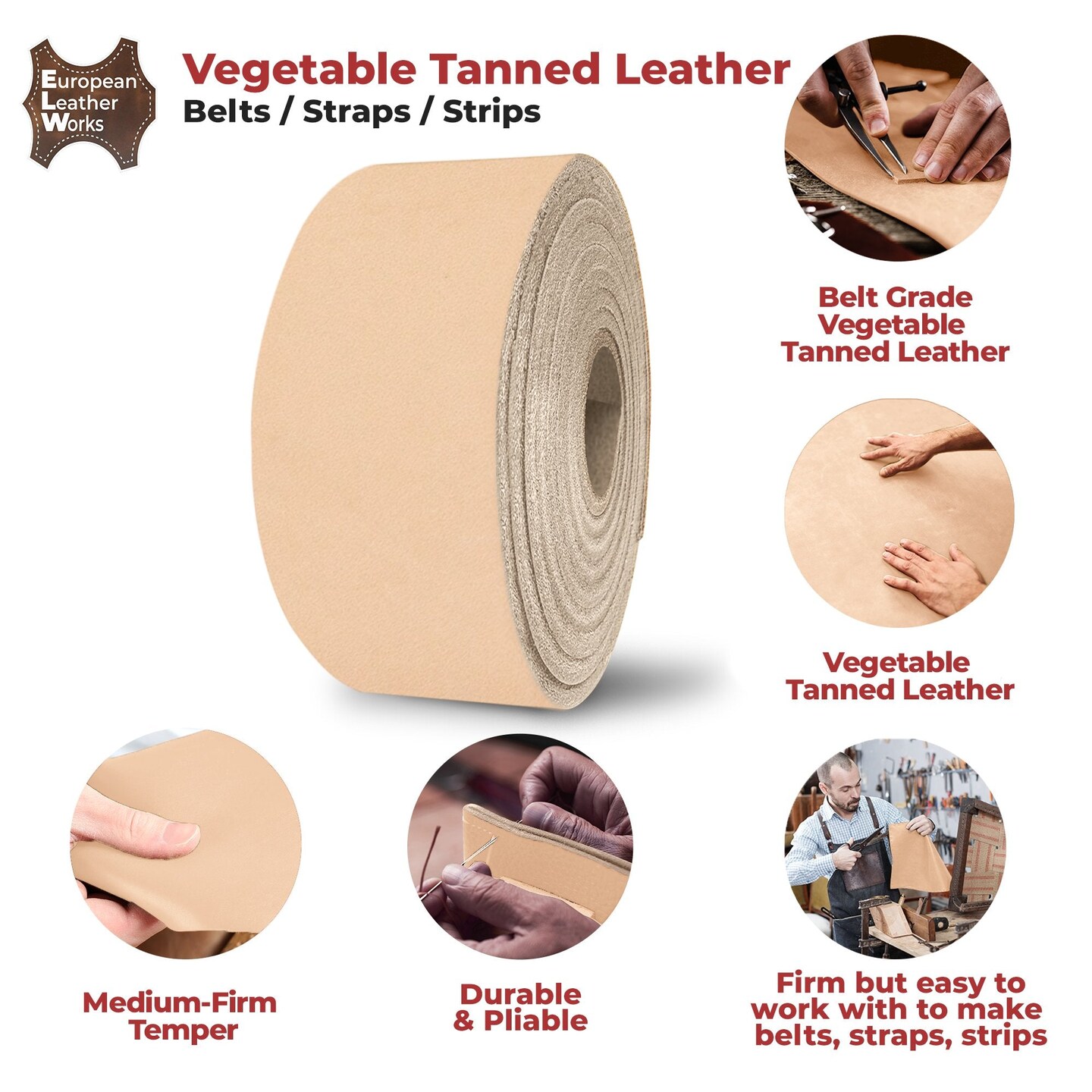 ELW Belt Blanks Strips/Straps 8/9 oz. (3.2-3.6mm) Thickness Size 3/4&#x22;x60&#x22; Full Grain Import Natural Cowhide Vegetable Tanned Leather for Tooling, Engraving, Embossing, Molding, &#x26; Dyeing