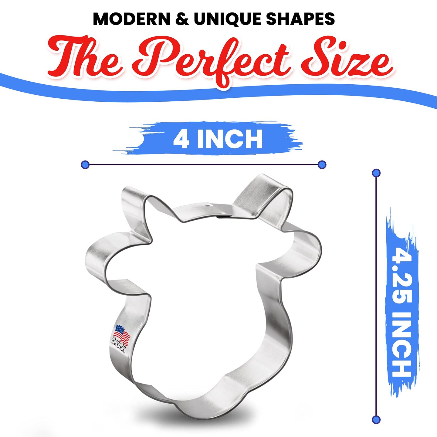 Cow Face Cookie Cutter 4.25 in B1608, CookieCutter.com, Tin Plated Steel, Handmade in the USA