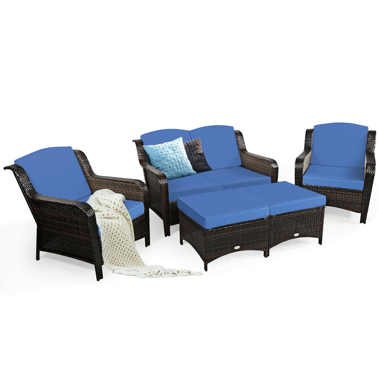 Costway 5PCS Patio Rattan Furniture Set Loveseat Sofa Ottoman W/Red