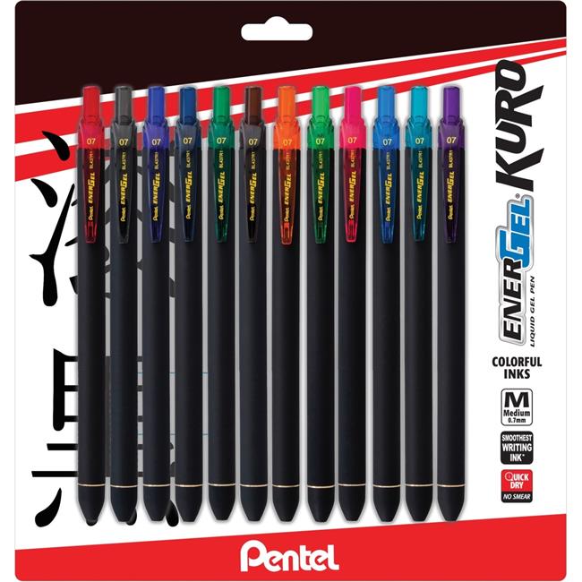 Pentel EnerGel Kuro Liquid Gel Retractable Pens - 0.7 mm Pen Point Size - Retractable - Assorted Liquid Gel Ink - Rubberized Barrel - Pack of 12